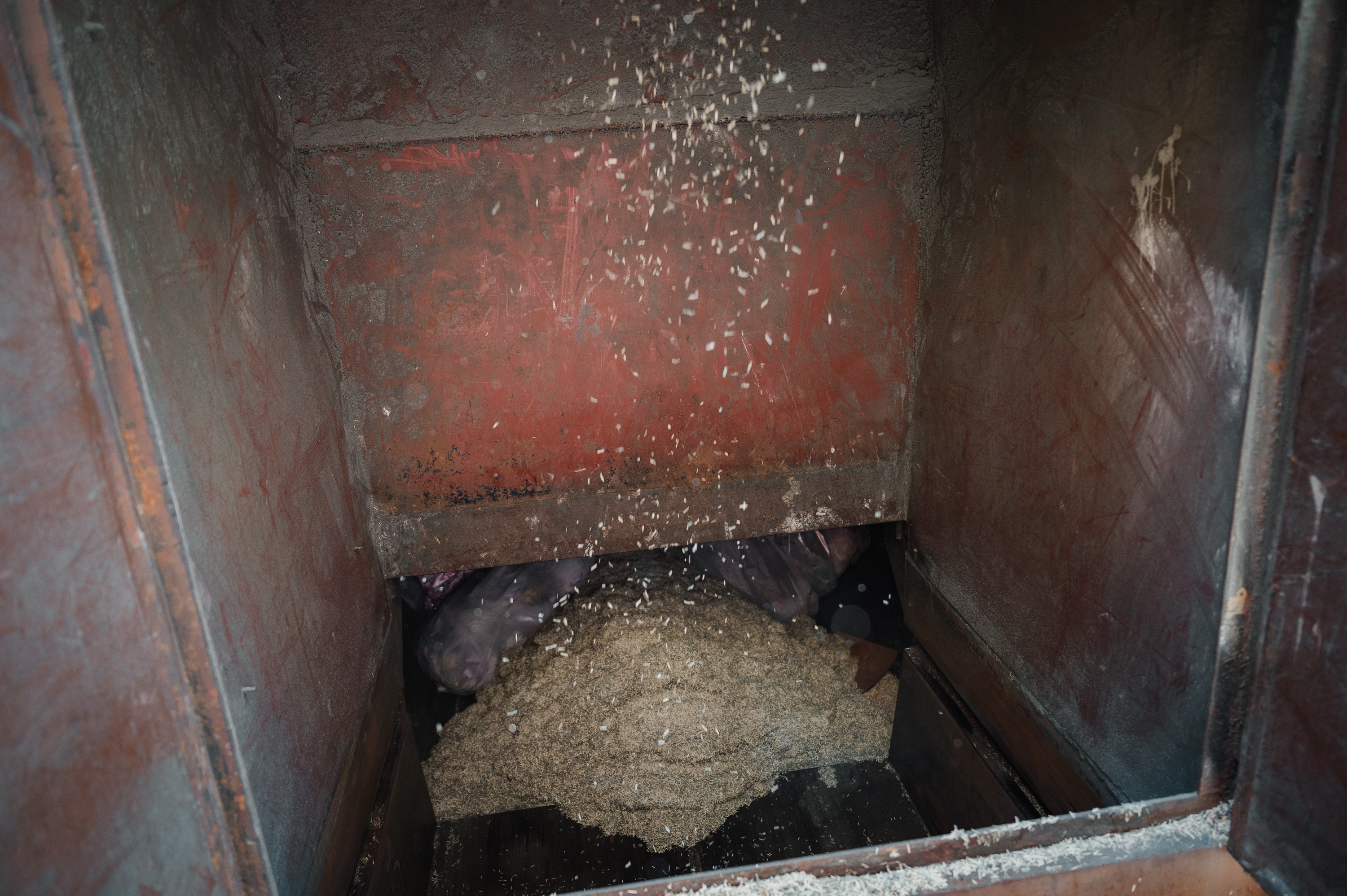 BALTIMORE, MD - JULY 12, 2023: Shredded currency falls into the garbage container at The Federal Reserve Bank of Richmond in Baltimore, MD. on Wednesday, July 12, 2023.(Photo by Hannah Yoon for The Washington Post)